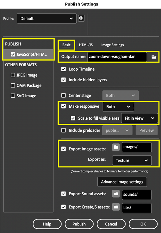 Publish Settings dialog box showing the settings to be made in the Basic tab.