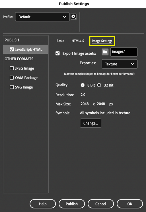 Publish Settings dialog box showing the default settings of the Image Settings tab.