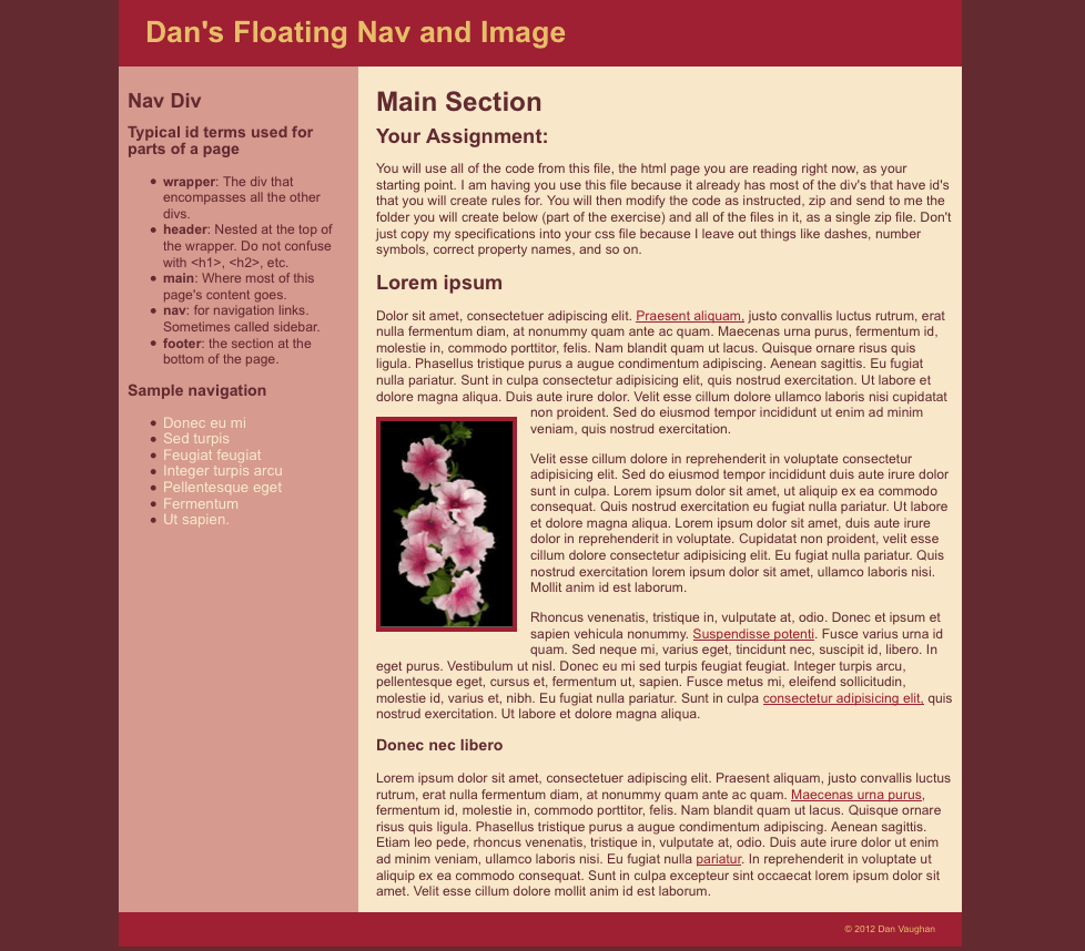 Image of the page that results from the css faux column exercise