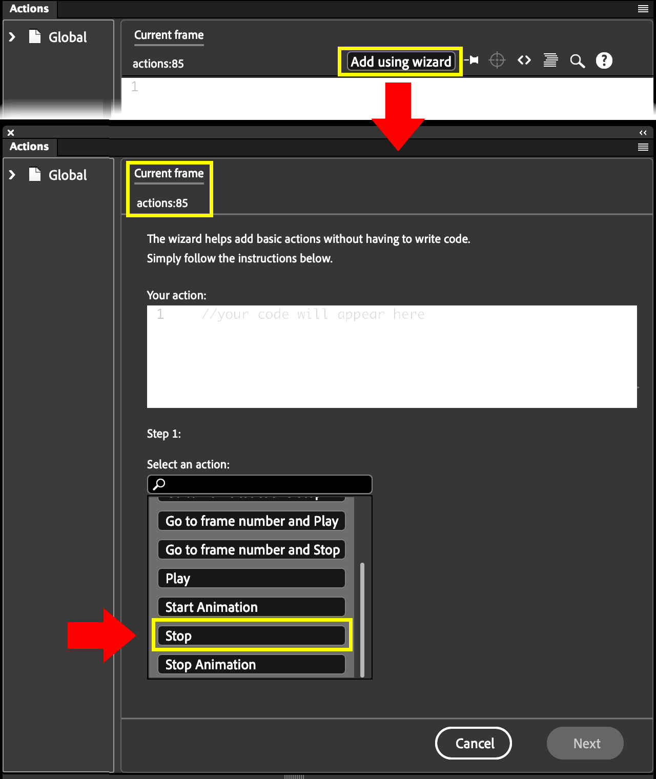 Setting up in the last frame of the new actions layer the frame action for stopping the animation.