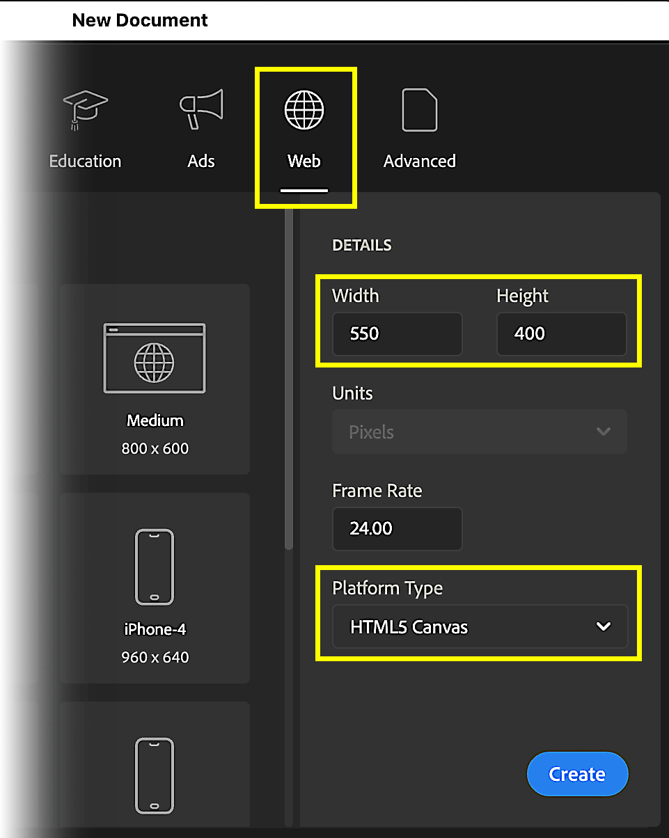 New document dialog box with settings to be made indicated.