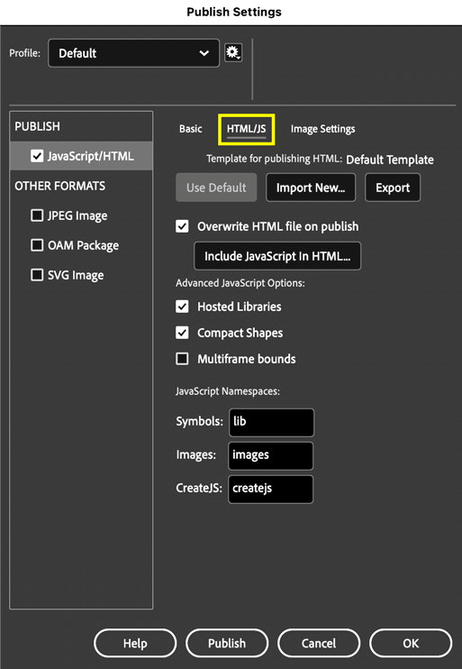 Publish Settings dialog box showing the default settings of the HTML-JS tab.