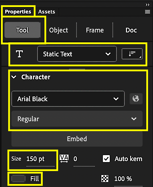 Text tool properties to set