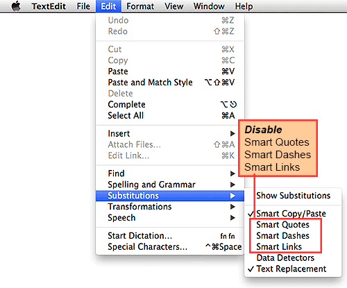 TextEdit's Edit menu's Substitution settings